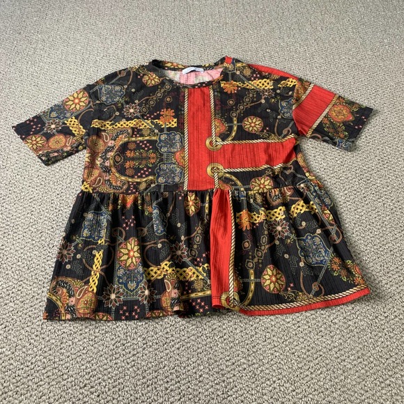 Zara Tops - Zara Trufaluc Womens‎ Blouse Top Size Small Red/Black Ornament Print Peplum